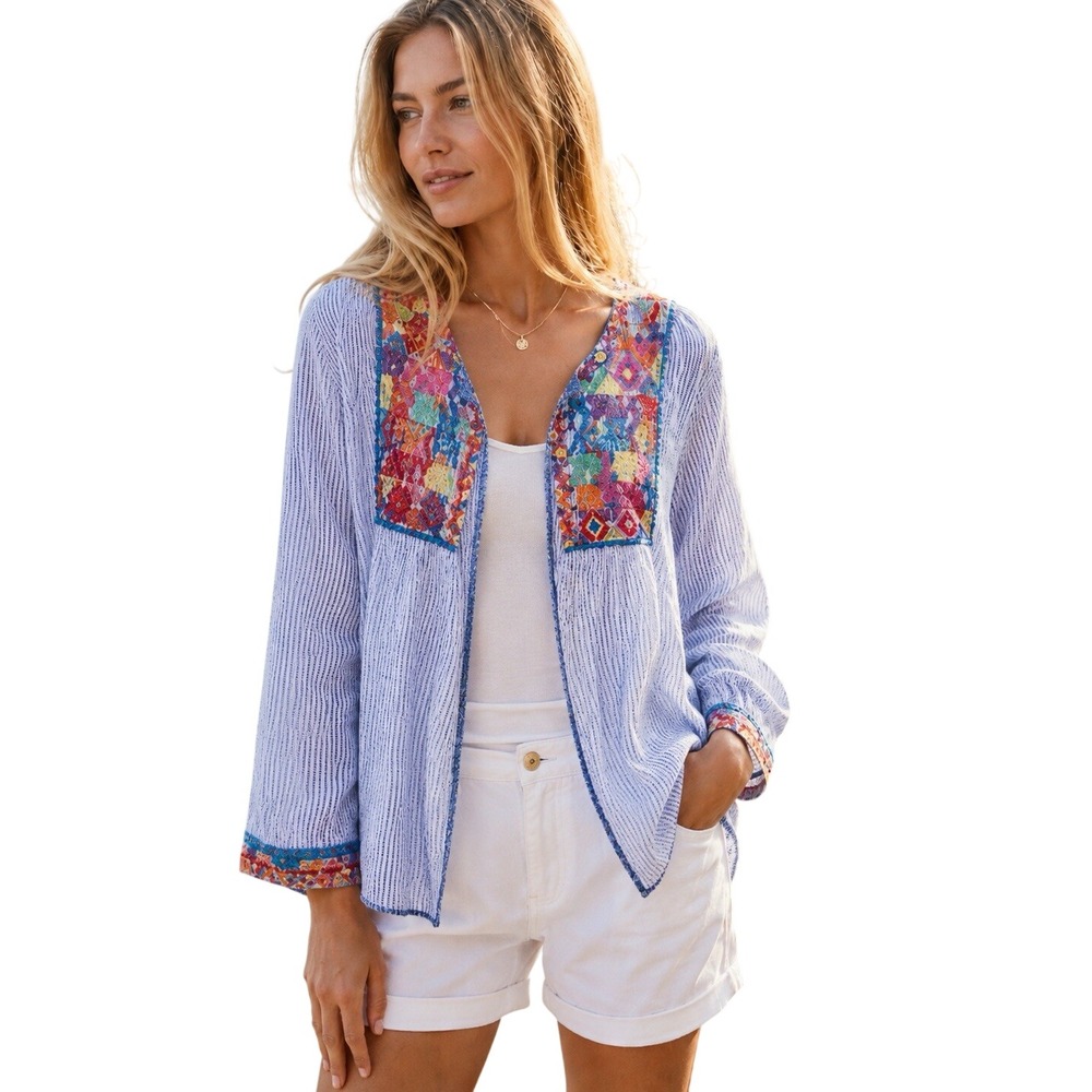 J. MCLAUGHLIN Rhodes Linen Embroidered Blue Stripe Open Top Coastal Boho M